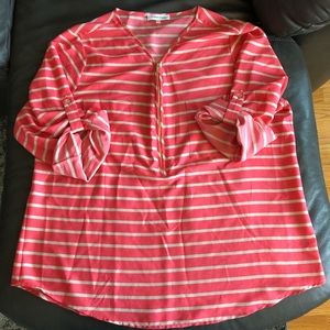 Calvin Klein Striped 3/4 Sleeve Zip Front Blouse